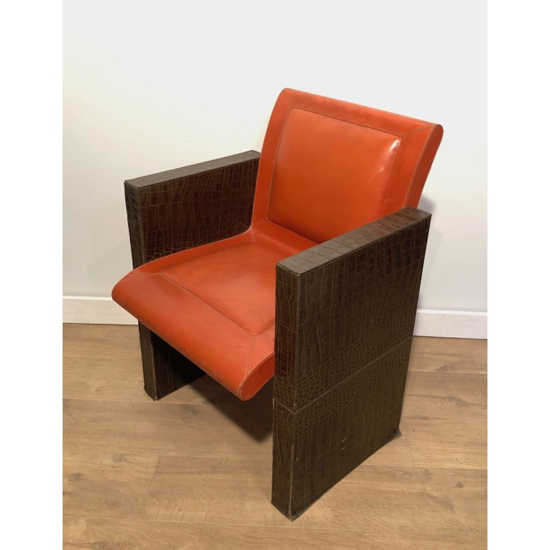 Suite Three Brown Orange Leather Armchairs French 1970