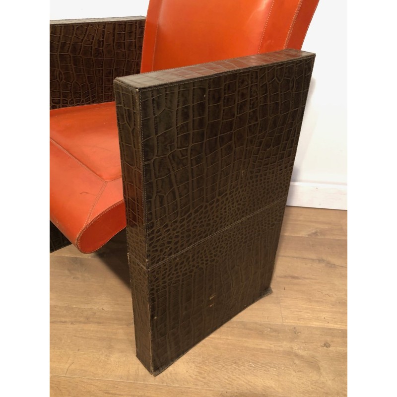 Suite Three Brown Orange Leather Armchairs French 1970