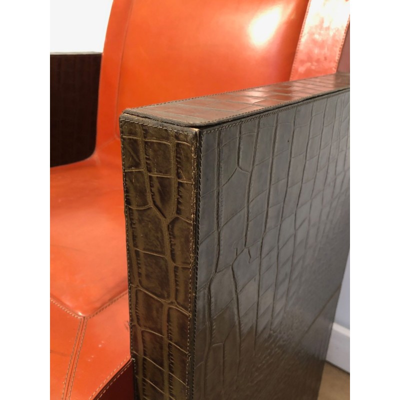 Suite Three Brown Orange Leather Armchairs French 1970