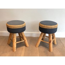 Pair Solid Pine Stools French Work 1970