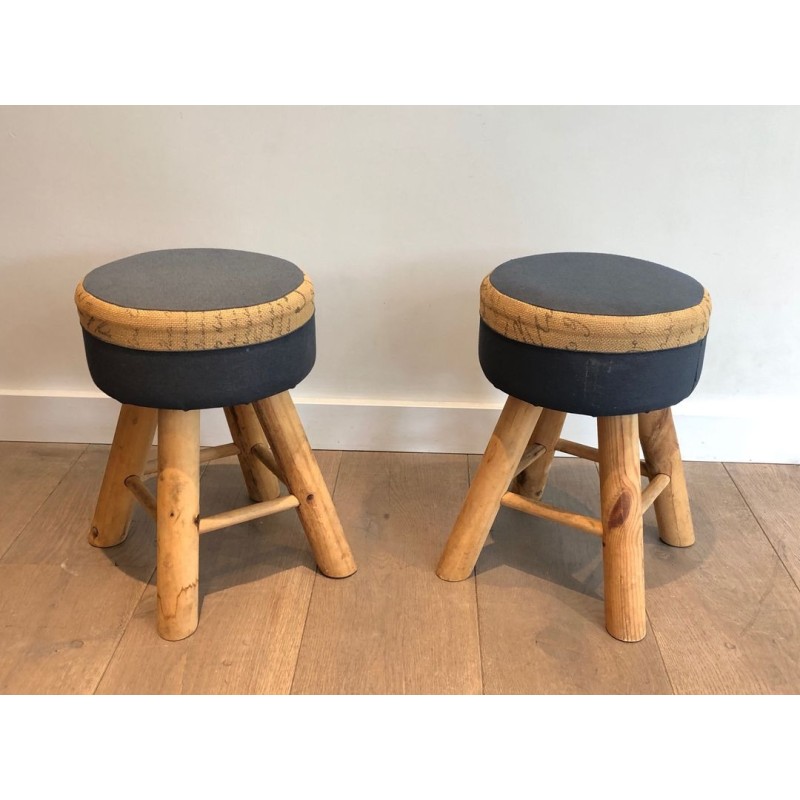 Pair Solid Pine Stools French Work 1970
