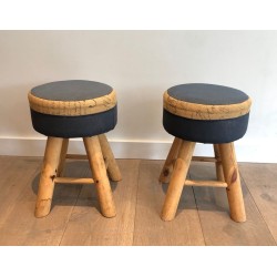 Pair Solid Pine Stools French Work 1970