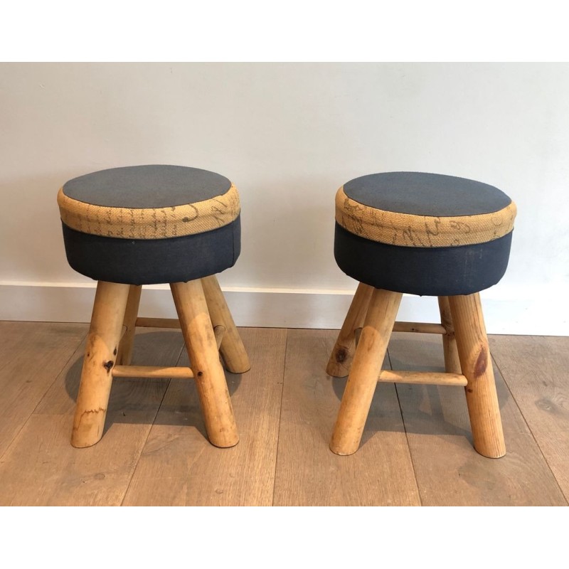 Pair Solid Pine Stools French Work 1970