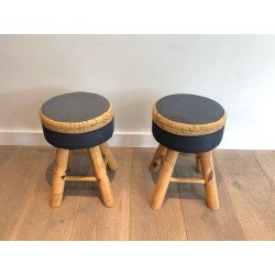 Pair Solid Pine Stools French Work 1970