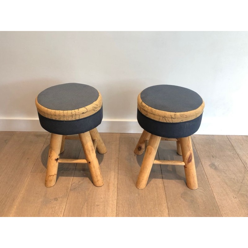 Pair Solid Pine Stools French Work 1970