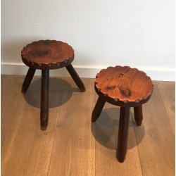 Pair Brutalist Pine Stools French Work 1950