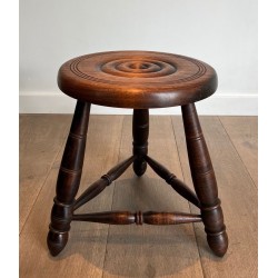 Pair Turned Wood Stools Attributed Dudouyt French 1950