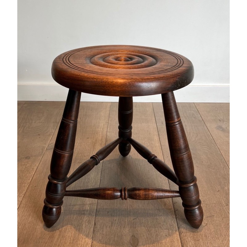 Pair Turned Wood Stools Attributed Dudouyt French 1950