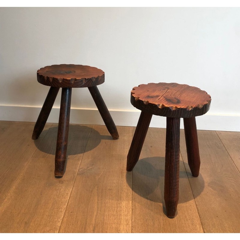 Pair Brutalist Pine Stools French Work 1950