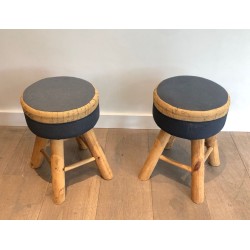 Pair Solid Pine Stools French Work 1970