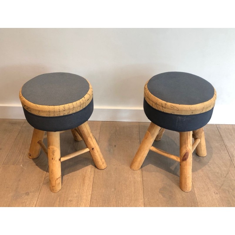 Pair Solid Pine Stools French Work 1970