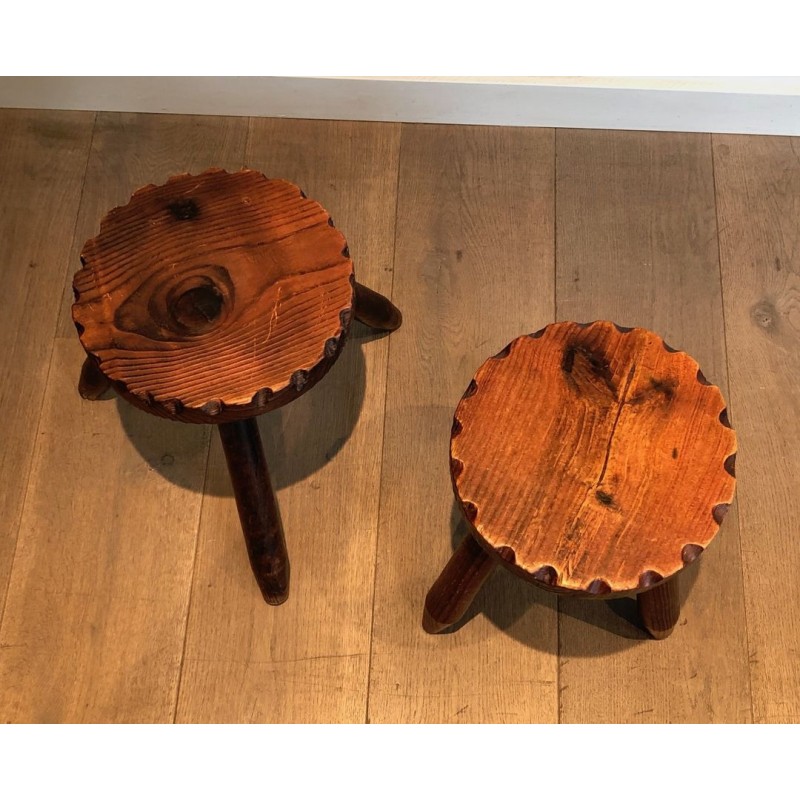 Pair Brutalist Pine Stools French Work 1950