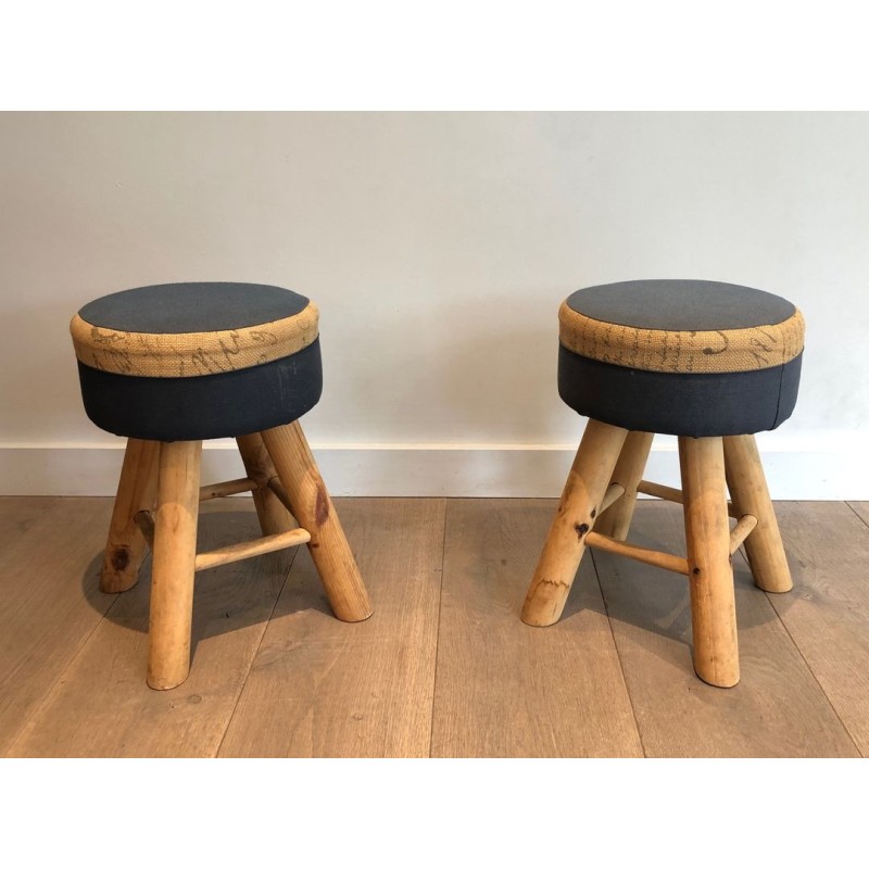 Pair Solid Pine Stools French Work 1970