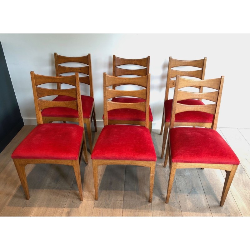 6 Chaises Chêne Velours Rouge, Travail Français, 1940 | Maison BARROIS