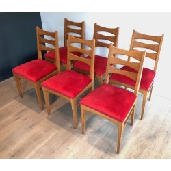 6 Oak & Red Velvet Dining Chairs, French Work, circa 1940 | Maison BARROIS