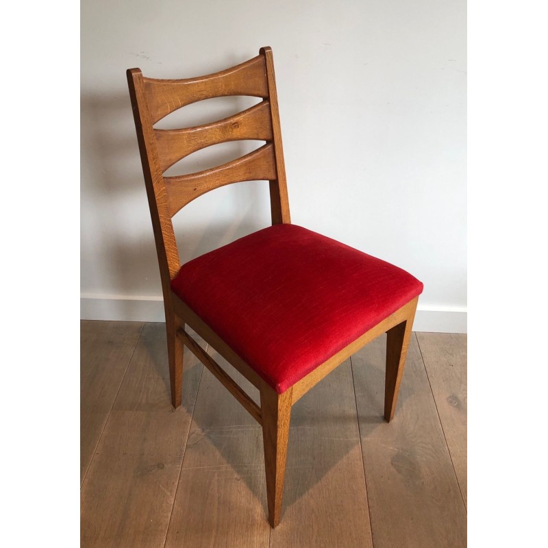 6 Oak & Red Velvet Dining Chairs, French Work, circa 1940 | Maison BARROIS