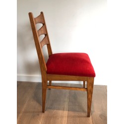 6 Oak & Red Velvet Dining Chairs, French Work, circa 1940 | Maison BARROIS