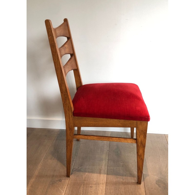 6 Oak & Red Velvet Dining Chairs, French Work, circa 1940 | Maison BARROIS
