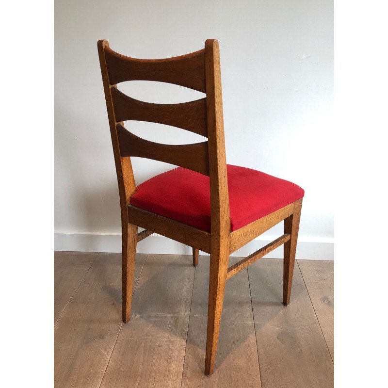 6 Chaises Chêne Velours Rouge, Travail Français, 1940 | Maison BARROIS