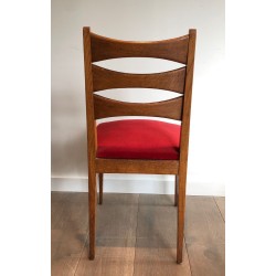6 Oak & Red Velvet Dining Chairs, French Work, circa 1940 | Maison BARROIS