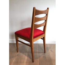 6 Oak & Red Velvet Dining Chairs, French Work, circa 1940 | Maison BARROIS