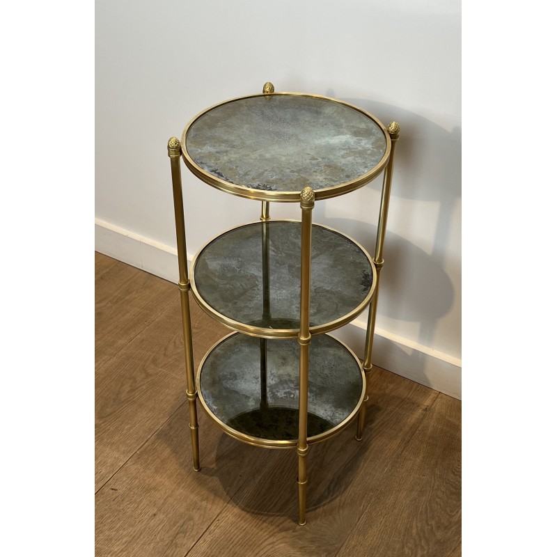 Sellette Ronde en Bronze à Triple Plateaux de Miroirs Eglomisés de la Maison Baguès