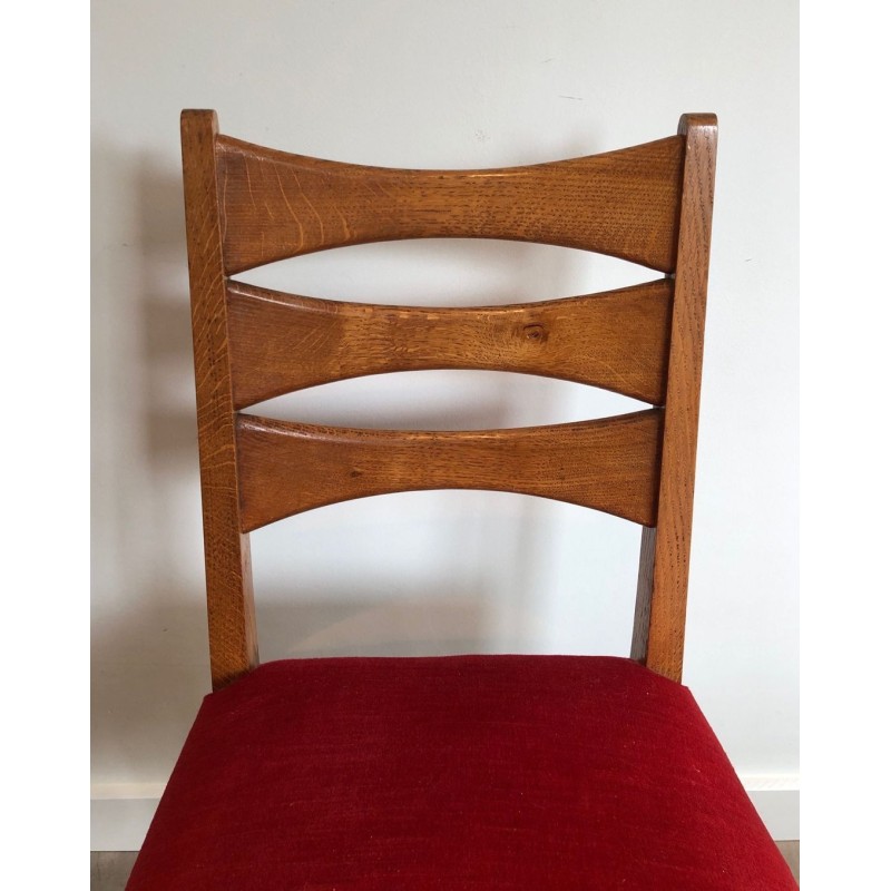 6 Chaises Chêne Velours Rouge, Travail Français, 1940 | Maison BARROIS