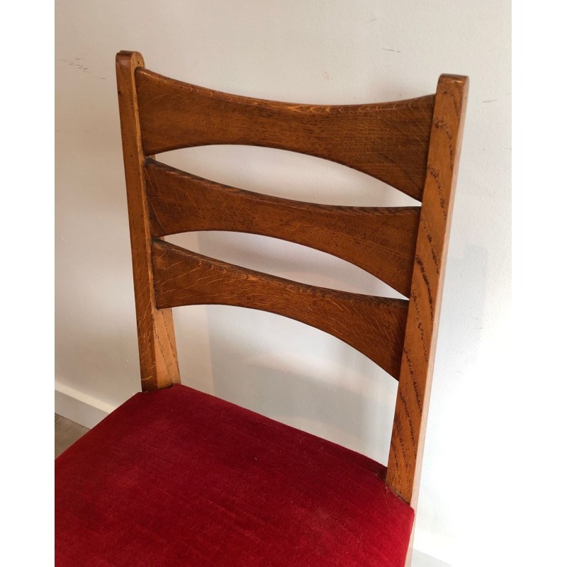 6 Chaises Chêne Velours Rouge, Travail Français, 1940 | Maison BARROIS