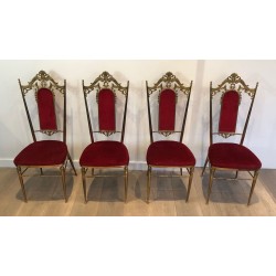 4 Chaises Néoclassiques Laiton Velours Rouge, Goût Jansen, 1940 | Maison BARROIS