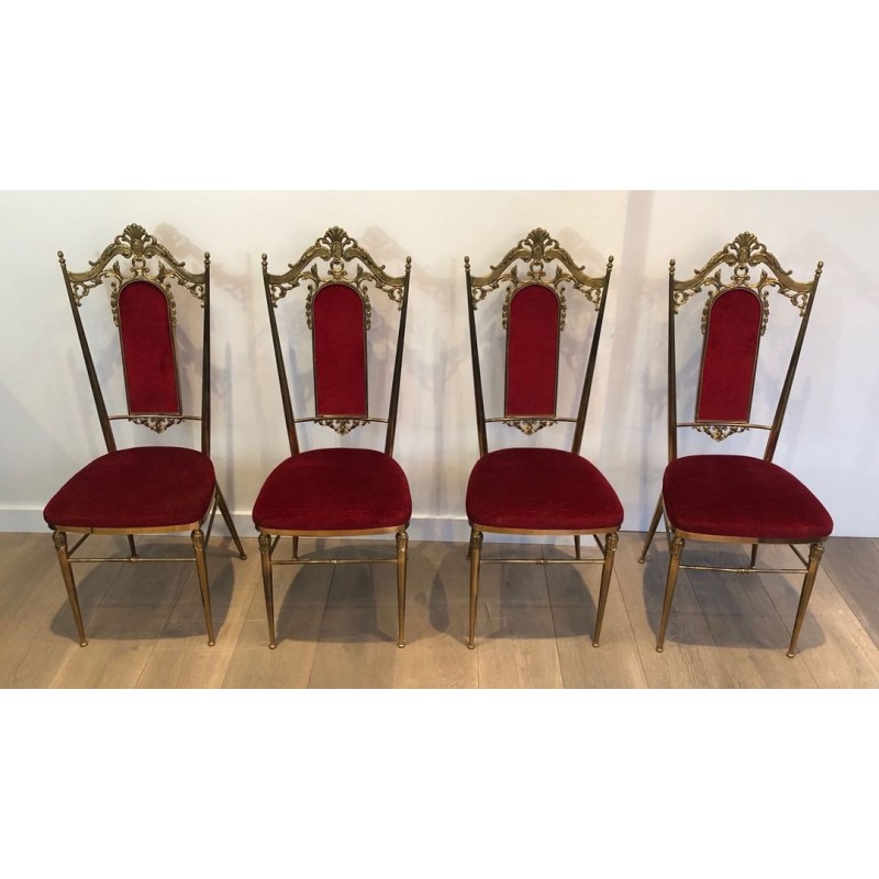 4 Chaises Néoclassiques Laiton Velours Rouge, Goût Jansen, 1940 | Maison BARROIS
