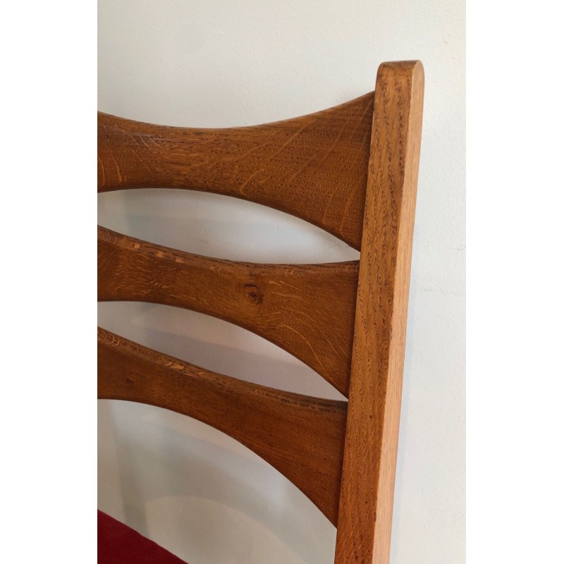 6 Oak & Red Velvet Dining Chairs, French Work, circa 1940 | Maison BARROIS