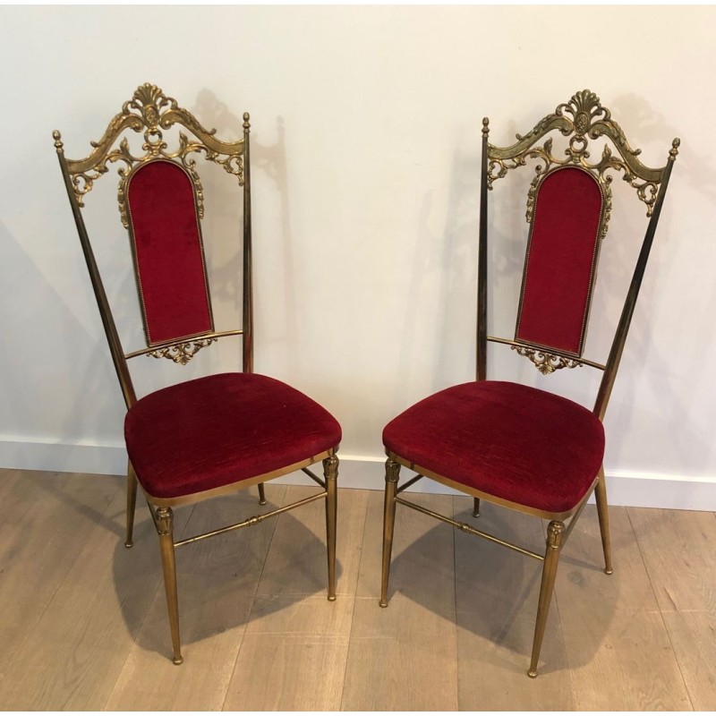 4 Neoclassical Brass & Red Velvet Chairs, Manner of Jansen, 1940 | Maison BARROIS