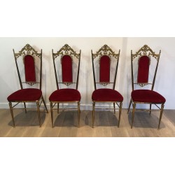 4 Neoclassical Brass & Red Velvet Chairs, Manner of Jansen, 1940 | Maison BARROIS