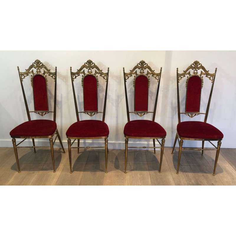 4 Chaises Néoclassiques Laiton Velours Rouge, Goût Jansen, 1940 | Maison BARROIS