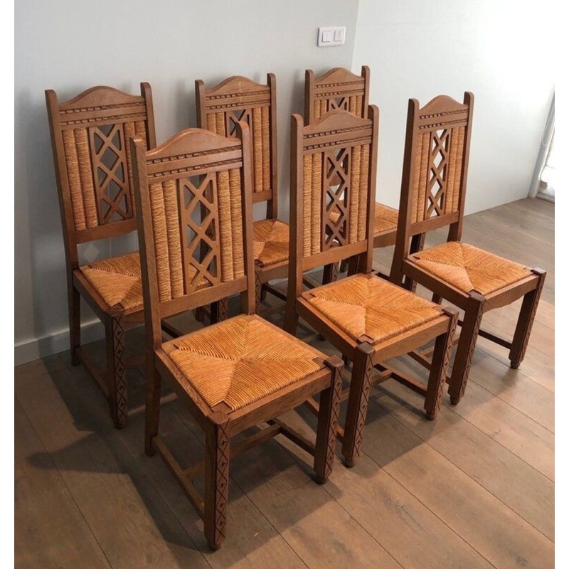 6 French Brutalist Wood & Rattan Dining Chairs, circa 1950 | Maison BARROIS