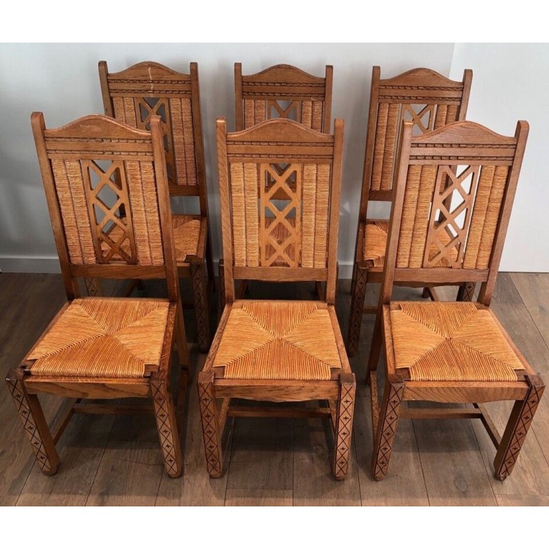 6 French Brutalist Wood & Rattan Dining Chairs, circa 1950 | Maison BARROIS