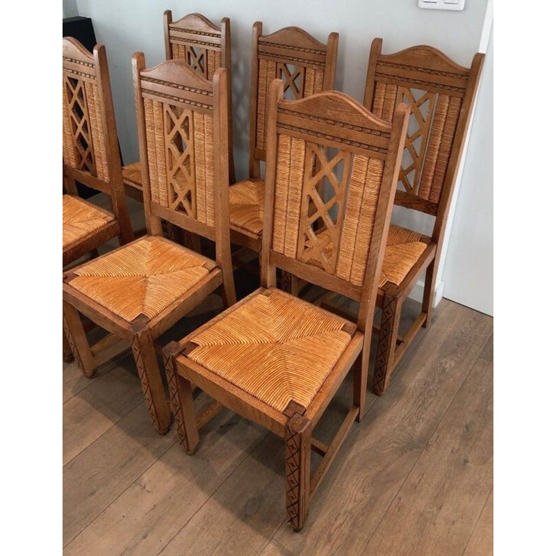 6 Chaises Brutalistes Bois et Rotin, Travail Français, 1950 | Maison BARROIS