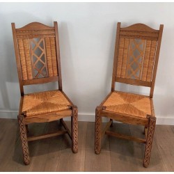 6 French Brutalist Wood & Rattan Dining Chairs, circa 1950 | Maison BARROIS