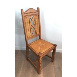 6 French Brutalist Wood & Rattan Dining Chairs, circa 1950 | Maison BARROIS