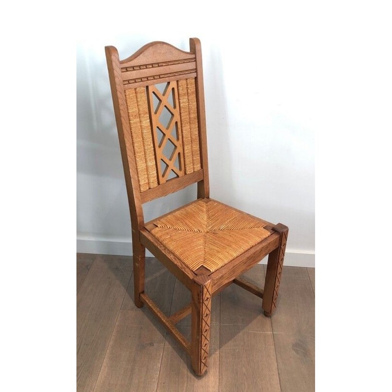 6 French Brutalist Wood & Rattan Dining Chairs, circa 1950 | Maison BARROIS