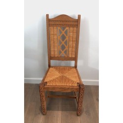 6 French Brutalist Wood & Rattan Dining Chairs, circa 1950 | Maison BARROIS