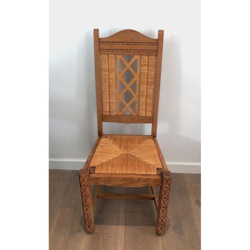 6 French Brutalist Wood & Rattan Dining Chairs, circa 1950 | Maison BARROIS