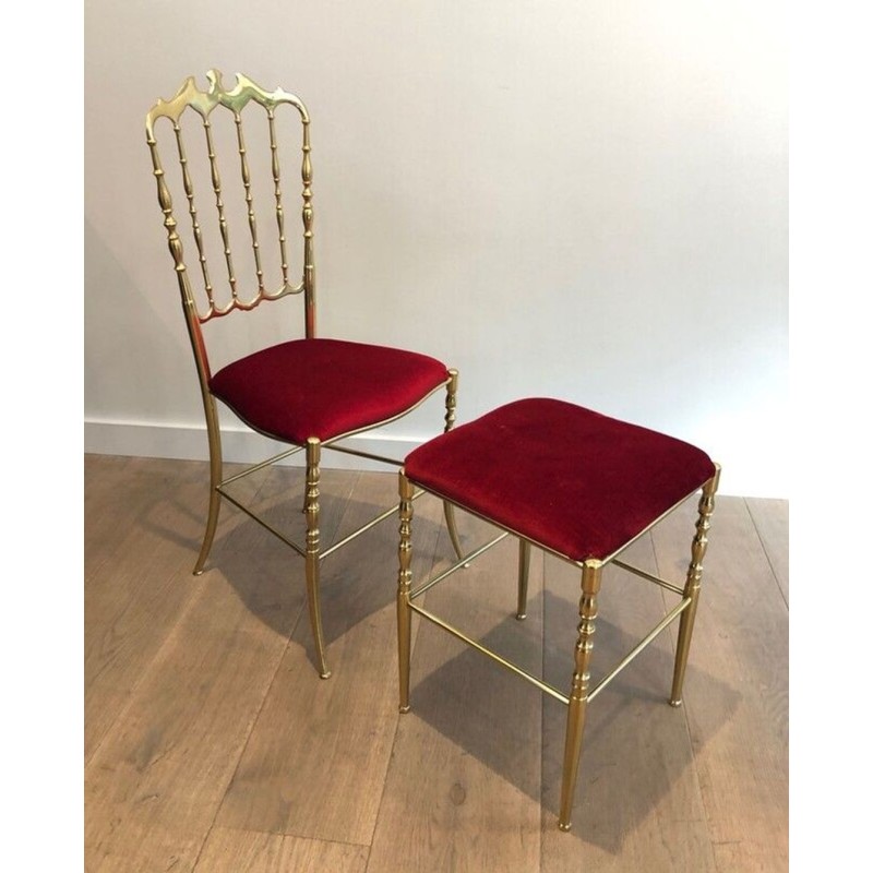 Brass Chiavari Chair & Stool, Green Velvet, Italian Work, circa 1940 | Maison BARROIS