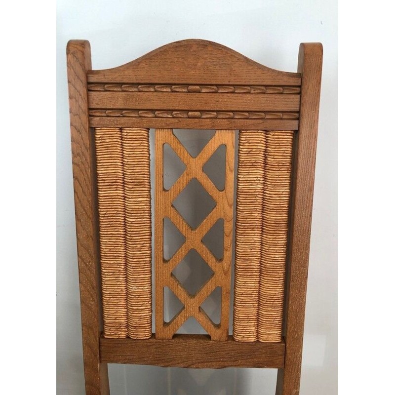 6 French Brutalist Wood & Rattan Dining Chairs, circa 1950 | Maison BARROIS