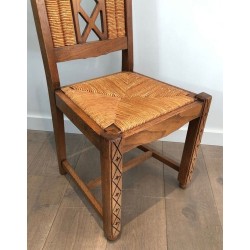 6 Chaises Brutalistes Bois et Rotin, Travail Français, 1950 | Maison BARROIS