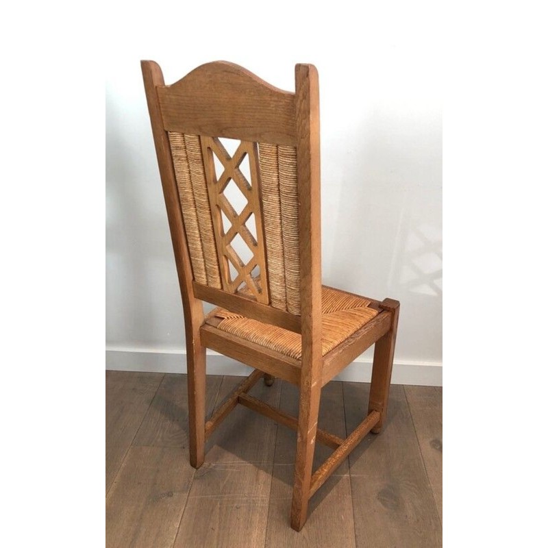 6 French Brutalist Wood & Rattan Dining Chairs, circa 1950 | Maison BARROIS