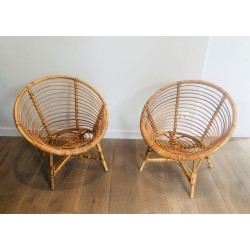 Pair of French Rattan Lounge Armchairs, circa 1970 | Maison BARROIS