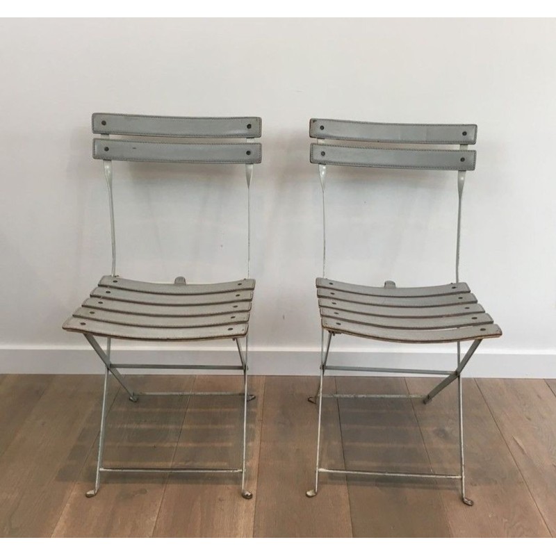 Chaises Pliantes Zanotta Métal Laqué et Cuir Gris, 1970 | Maison BARROIS