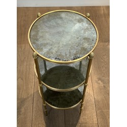 Sellette Ronde en Bronze à Triple Plateaux de Miroirs Eglomisés de la Maison Baguès