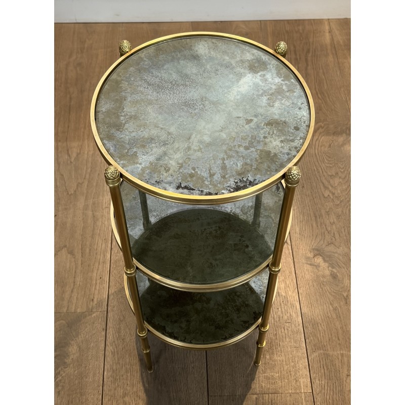Sellette Ronde en Bronze à Triple Plateaux de Miroirs Eglomisés de la Maison Baguès